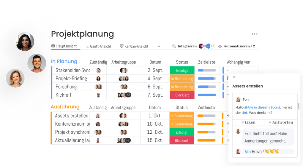 Interface Screenshot: Tabellen mit unterschiedlich farbigen Status