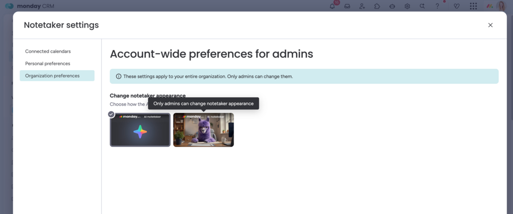Die Notetaker-Einstellungen in monday CRM zeigen die Auswahl zwischen einem Lama-Thumbnail und einem neutralen KI-Symbol.