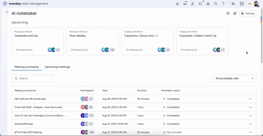 Einstellungen wie z. B. automatische Einladung des AI Notetakers über das Feld „Seetings“ in der rechten oberen Ecke.