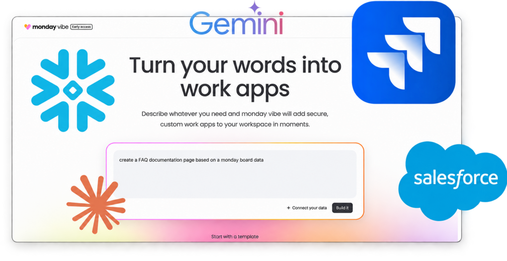 monday vibe verbindet Apps mit externen Diensten wie Jira und Salesforce sowie mit KI-Modellen wie Gemini: Aus einer Texteingabe entsteht eine App für die Arbeit.