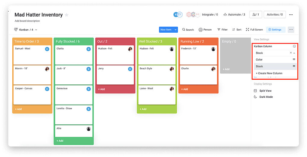 monday.com Kanban-Planungsmöglichkeit buntes Kanban-Board