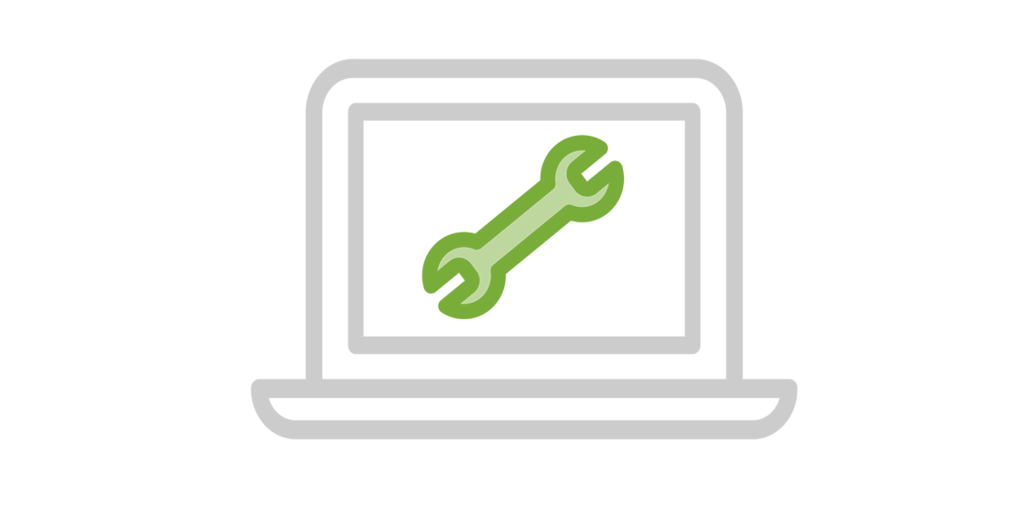 [Translate to English:] Icon: Laptop mit Werkzeug auf Bildschirm als Symbol für Digitale Prozesse in der IT-Abteilung