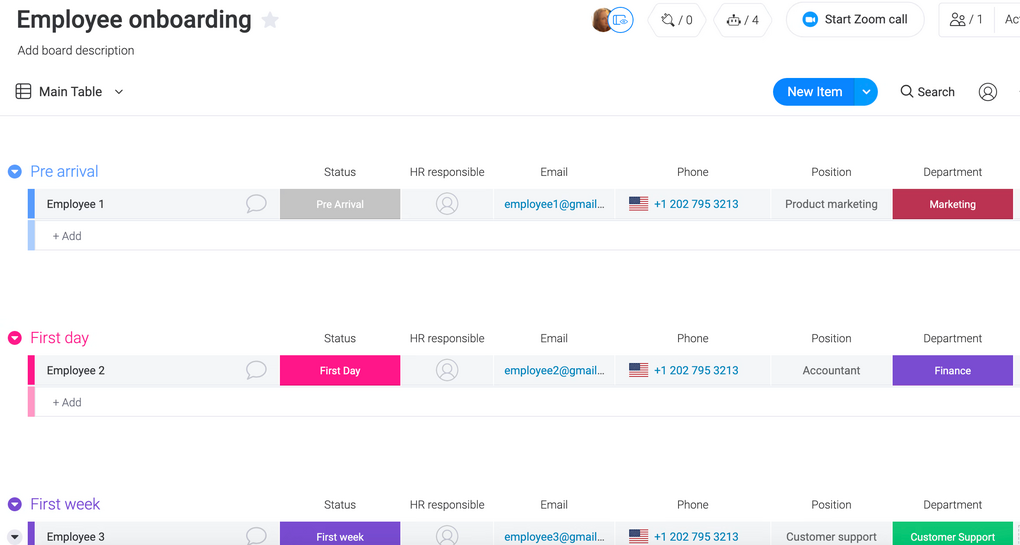 monday.com-Board für Onboardings mit verschiedenen Phasen der Einarbeitung, Zuständigkeiten, Positionen und Kontaktinfos.