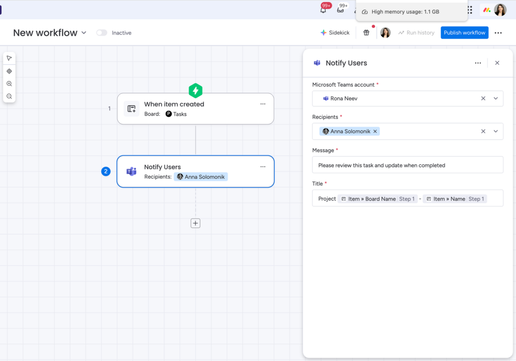 Ein Workflow in monday.com enthält die Aktion „Notify Users“ und zeigt ein geöffnetes Konfigurationsfenster zur Benachrichtigung über Microsoft Teams. 