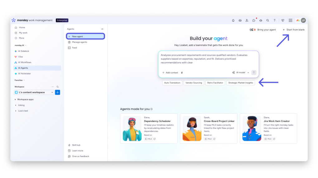 Agent Builder in monday.com: Agent per Beschreibung anlegen oder aus fertigen Vorlagen auswählen