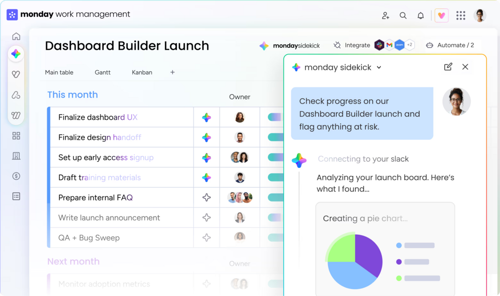 monday sidekick prüft im Chat den Fortschritt eines Projektboards und markiert Risiken