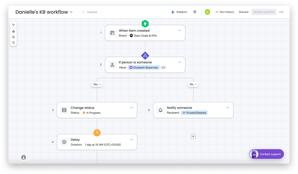 Workflow Builder in monday.com mit Auslöser, Bedingung, Ja-Nein-Verzweigung, Statusänderung und Verzögerung