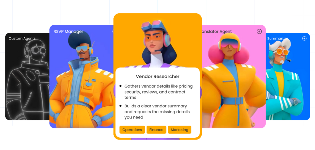 Illustrationen zeigen verschiedene AI Agents, z. B. die Agentin "Vendor Researcher".