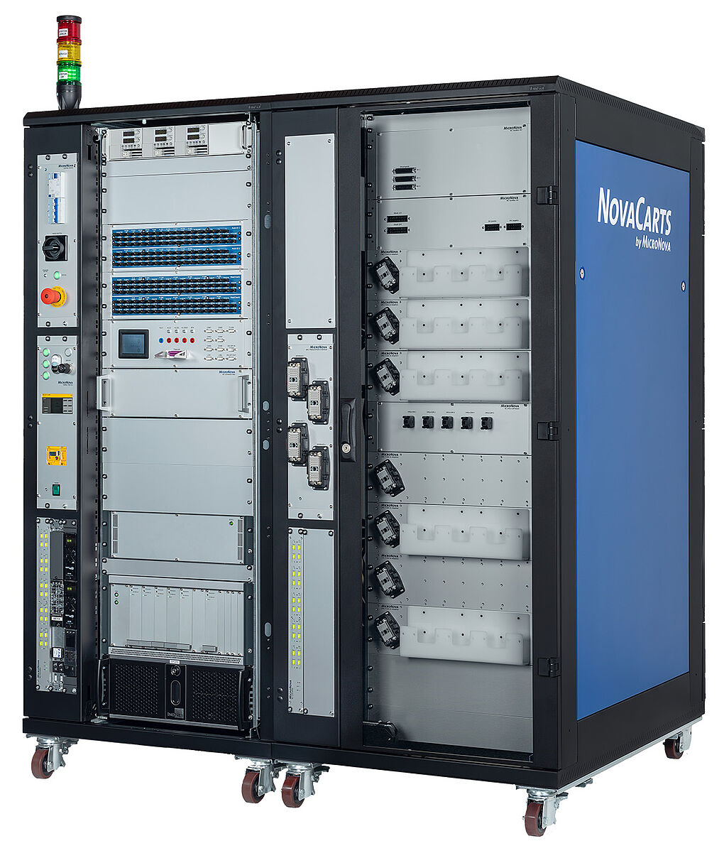 NovaCarts BMS HiL test system by MicroNova, a large black and blue test system with modular components for validating battery management systems.