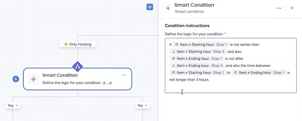  Im monday Workflow Builder zeigt der „Smart Condition“-Block ein Eingabefeld zur Definition zeitbasierter Bedingungen (Start- und Endzeit, maximale Dauer).