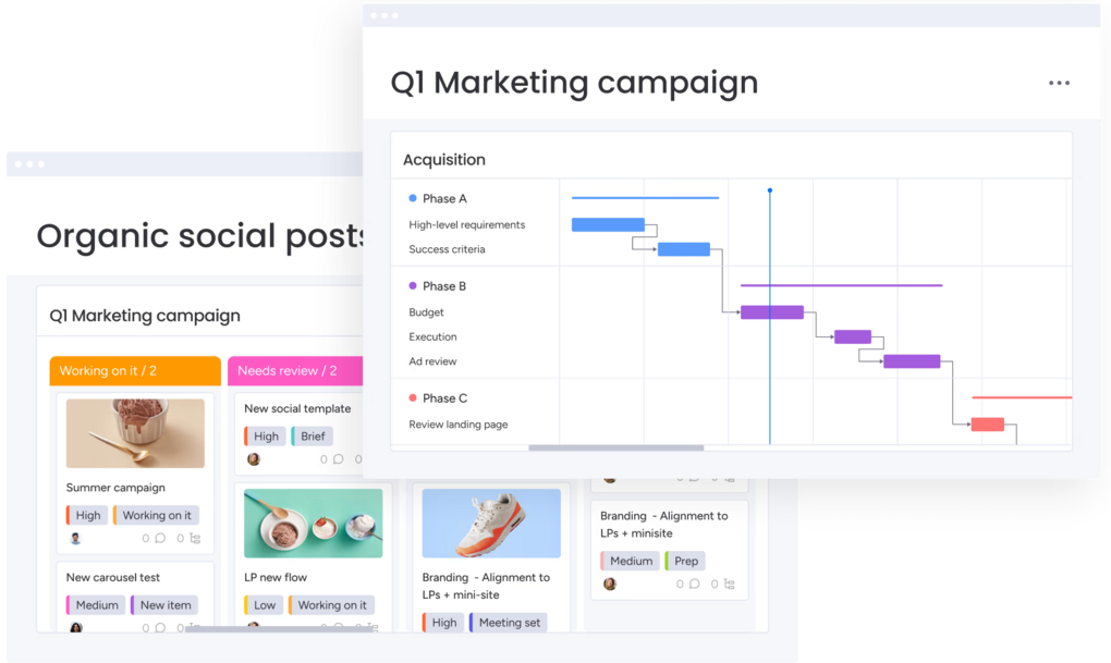 Visualisierung hybrider Projektplanung in monday.com mit kombinierter Gantt- und Kanban-Ansicht für strukturierte Gesamtplanung und agile Umsetzung auf Aufgabenebene. 