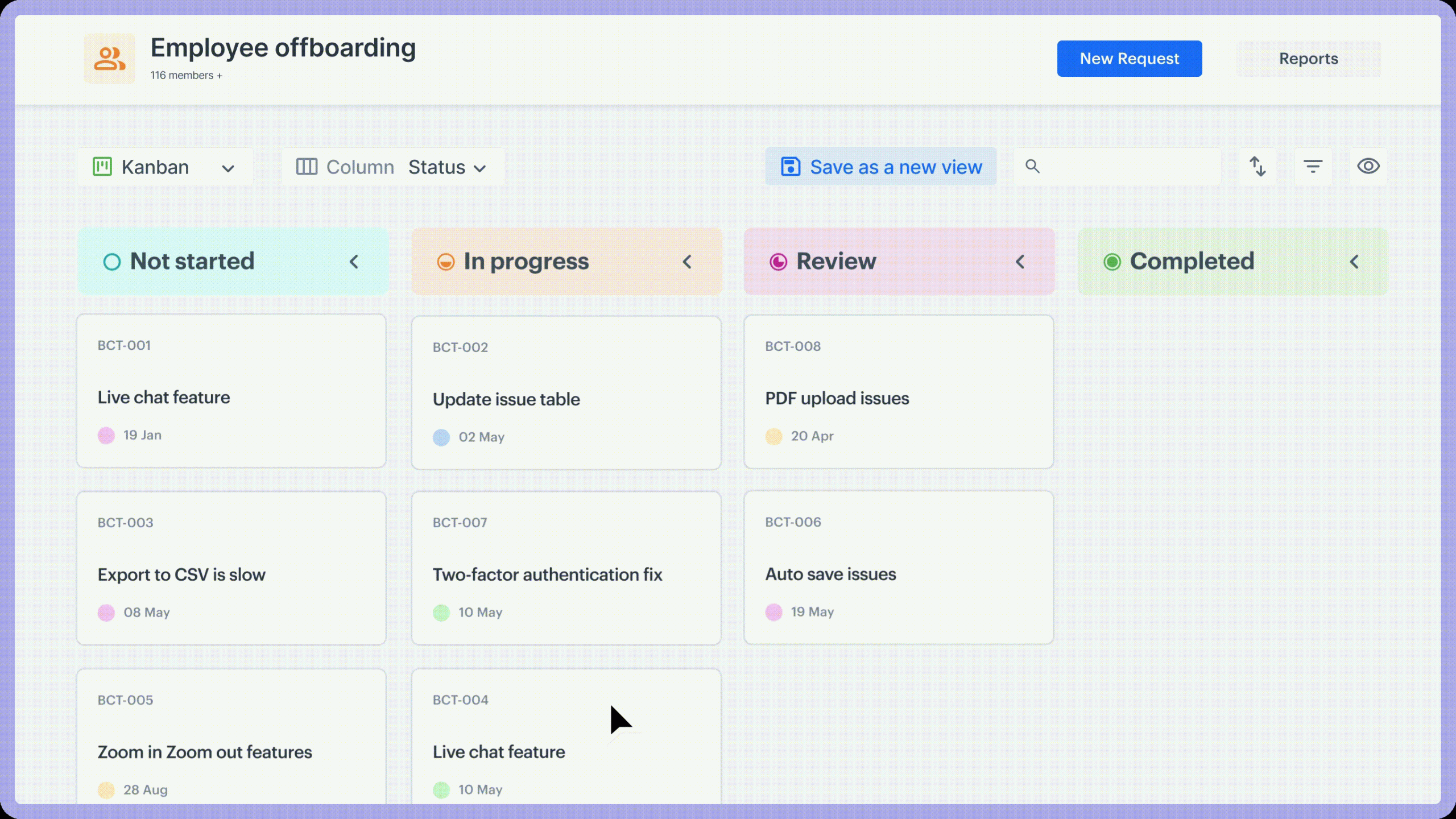 Das Kanban-Board in Kissflow zeigt Genehmigungs- und Projektstatus auf einen Blick – von 'Nicht gestartet' bis 'Abgeschlossen'. Ideal für transparente Abläufe und schnelle Freigaben.