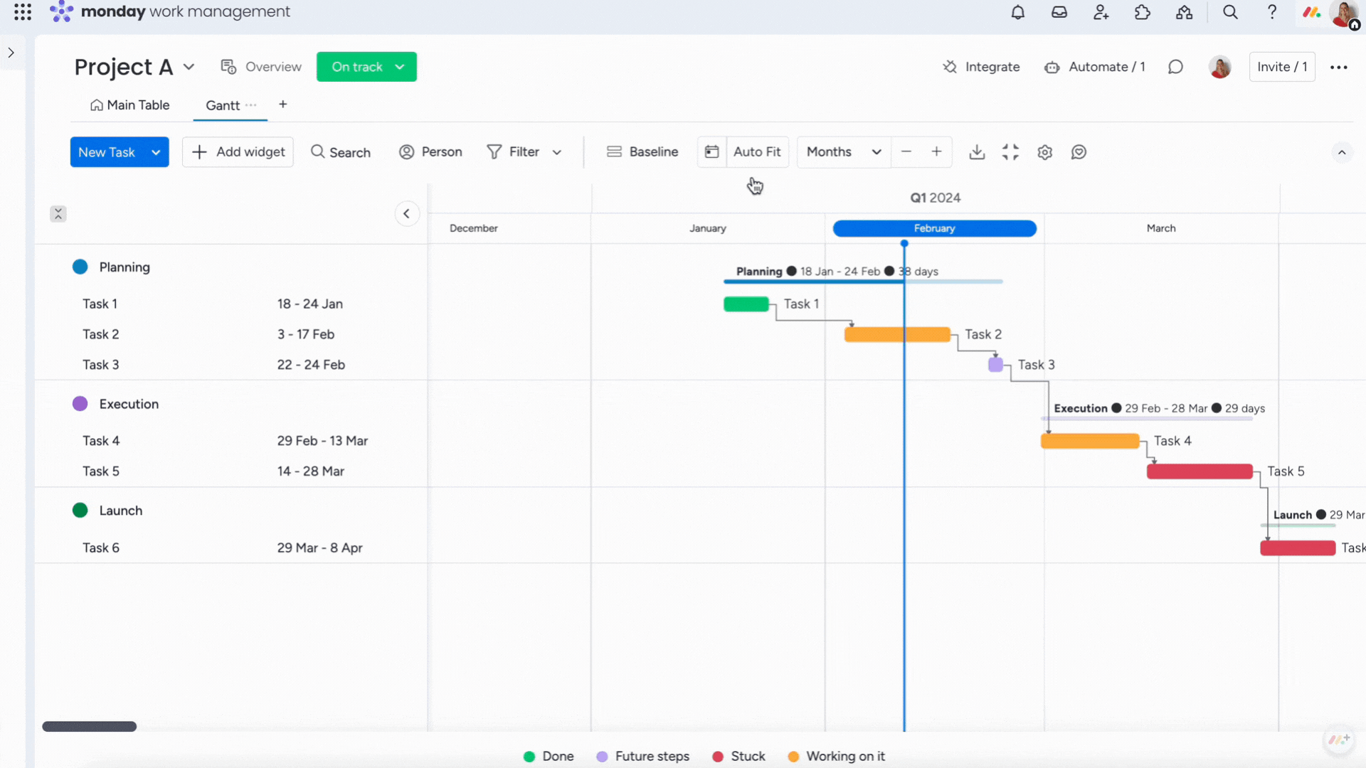  Animation in der monday portfolio solution: In der Gantt-Ansicht werden Aufgabenbalken per Drag-and-drop verschoben, um Zeitpläne und Abhängigkeiten im Projekt anzupassen. 