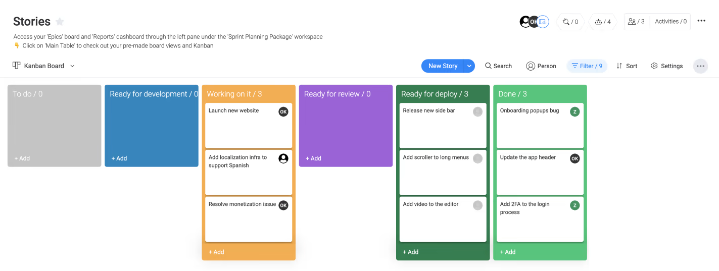 Kanban-Vorlage in monday.com mit Überblick über To-Dos und Aufgabenstatus