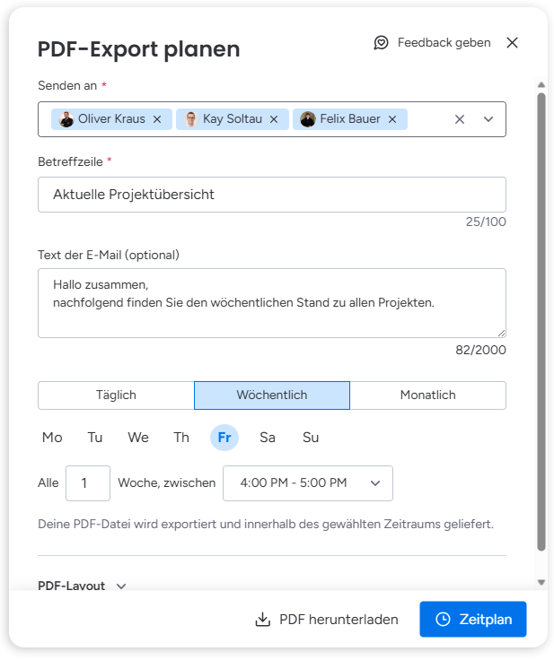 Einstellungen für einen geplanten PDF-Export in monday.com mit Empfängerliste, Betreff und Versandintervall