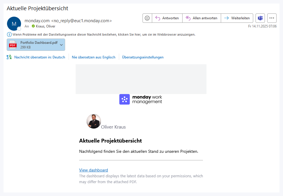 Automatisch versendete monday.com E-Mail mit angehängtem Portfolio-Dashboard-PDF und Projektübersicht