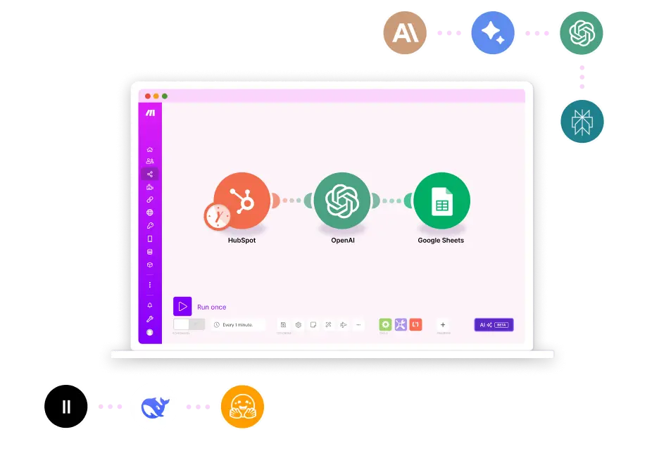 Make-Szenario im Editor: HubSpot, OpenAI und Google Sheets sind als Module verbunden, umgeben von Logos weiterer KI-Anbieter