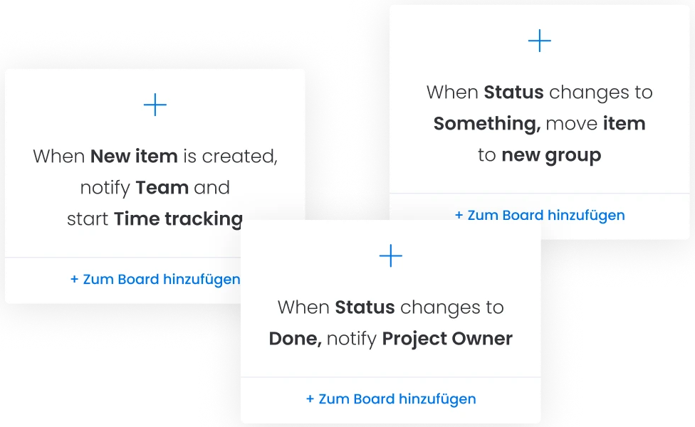 Automatisierungen in monday.com zur Benachrichtigung von Teams, für Statusänderungen und um Aufgaben in Boards zu verschieben. 