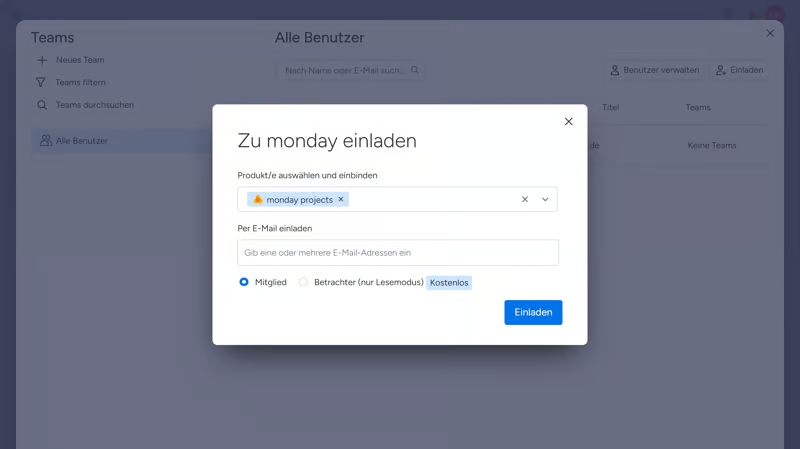 Die Benutzerauswahl von monday.com Screenshot aus dem Interface monday.com zeigt Benutzermanagement