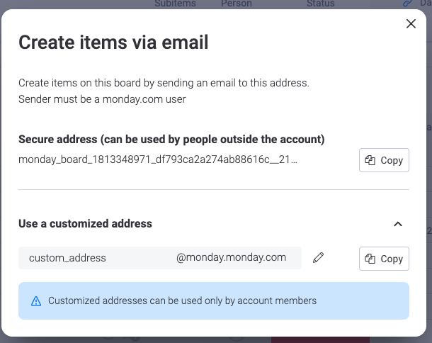 monday.com: Benutzerdefinierte E-Mail-Adressen für Nachrichten