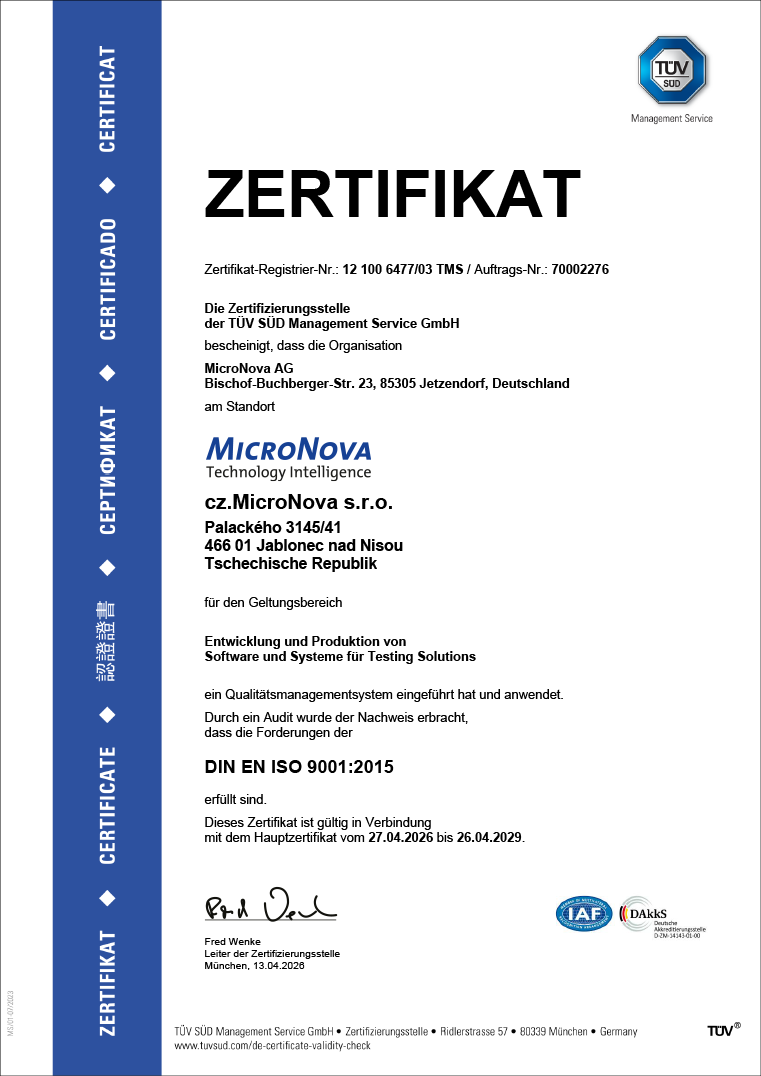 [Translate to English:] ISO 9001 Zertifizierung cz.MicroNova s.r.o.