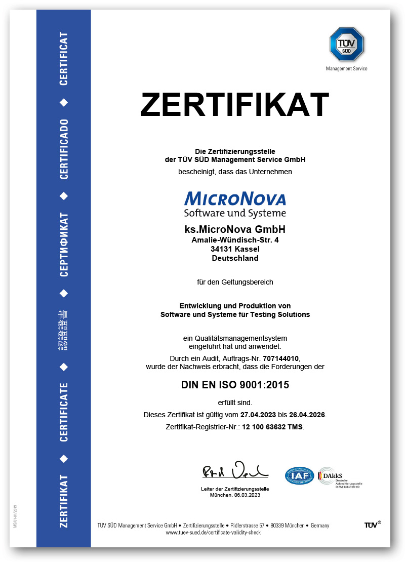 Einzelzertifikat ISO 9001:2015