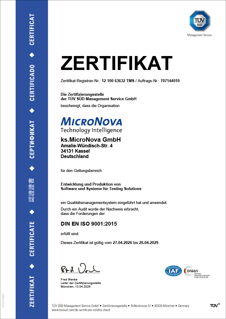 [Translate to English:] ISO 9001 Zertifizierung ks.MicroNova GmbH