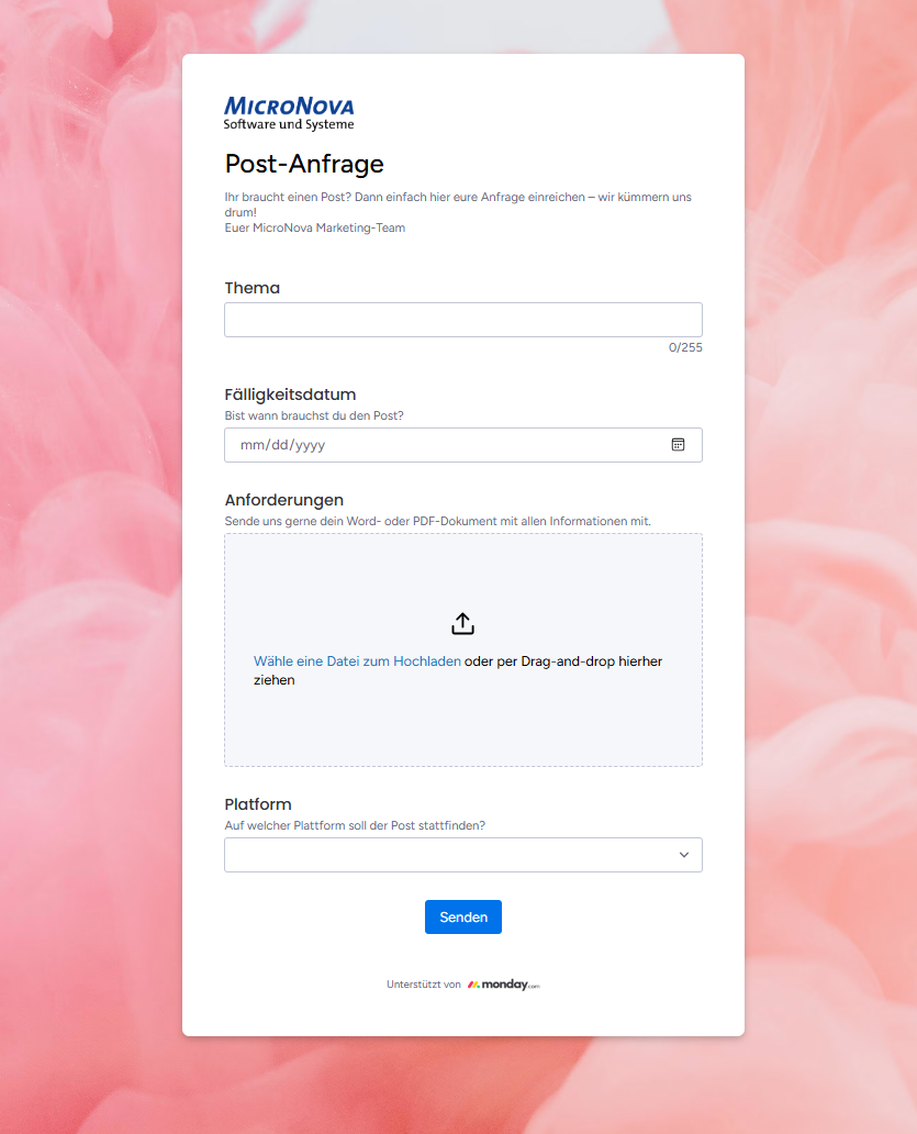 monday.com Anfrageformular zur KI-gestützten Content-Erstellung im Marketing-Workflow